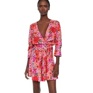 Zara Pink Floral Wrap Mini Dress